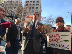 State Senator-elect Andrew Gounardes, who stunned eight-term incumbent Marty Golden on Tuesday night, thanked street safety advocates for their help on Wednesday at the Vision Zero Cities Conference in Manhattan. Photo: Gersh Kuntzman
