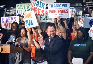 Those were the days. Council Speaker Corey Johnson and advocates celebrated the adoption of Fair Fares in 2018. The budget adopted last week cuts the popular program drastically. Photo: John McCarten/NYC Council
