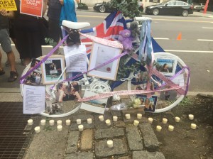 Madison Lyden's ghost bike, commemorating where she was killed by a driver in 2018. Photo: David Meyer