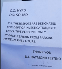 This is the note that Deputy Inspector Raymond Festino left on an illegally parked state car. Photo: @placardabuse