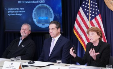 Gov. Andrew Cuomo (center with interim MTA board chairman Freddy Ferrer and Mary Boyce, Dean of Columbia Engineering) announced Thursday that he had decided that the L train didn't need to be repaired after all. Photo: NY Governor's Office