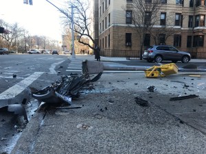 The corner of Vanderbilt Avenue and Sterling Place was littered with debris after Tuesday morning's crash. Photo: David Weiner