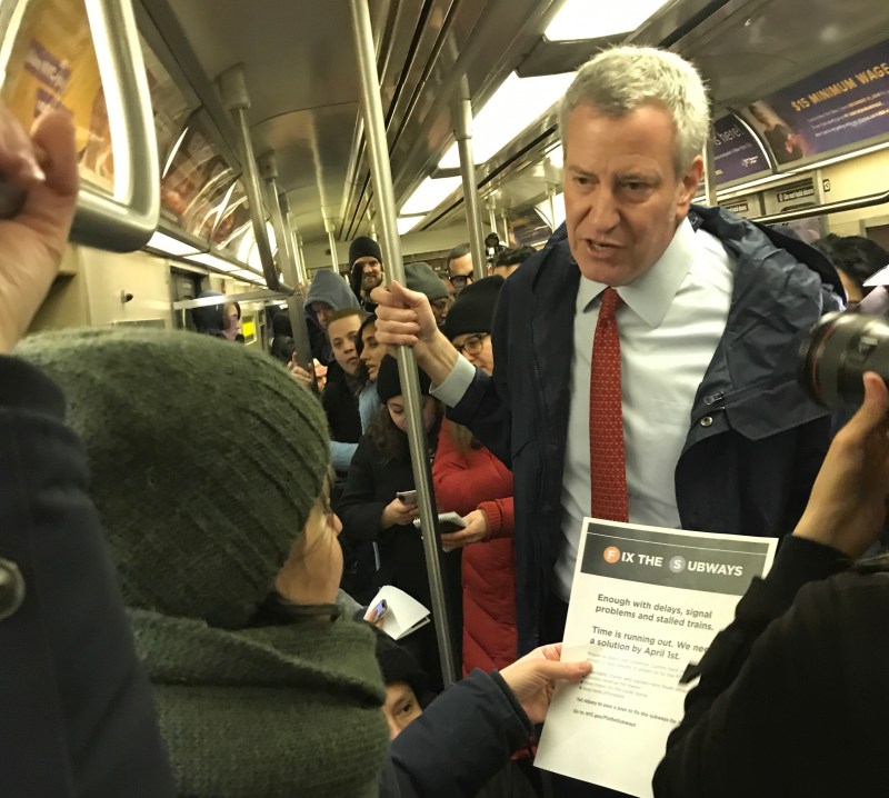 A rare sight: de Blasio on the subway. File photo: Gersh Kuntzman