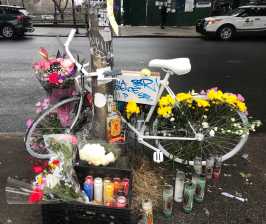 The ghost bike of Aurilla Lawrence was installed Friday afternoon, hours after she was killed by a hit-and-run truck driver in Brooklyn. Photo: Julianne Cuba.