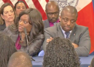 Congestion pricing supporter Senator Brian Benjamin rolls his eyes as his Assembly colleague Rodneyse Bichotte says she opposes the plan because it supposedly is a tax on working people (it's not). Photo: Mayor's office