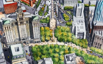 This proposal to radically shift the Brooklyn Bridge's Manhattan entrance for pedestrians is still stuck in the study phase. Photo: 2018 Massengale & Co LLC, rendering by Gabrielle Stroik Johnson.