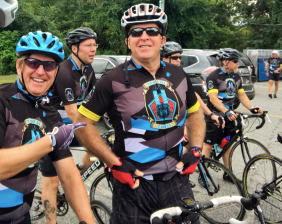 Commissioner O'Neill at a 2018 bike ride — before he turned in his no-bell prize. Photo: @NYPDOneill on Twitter