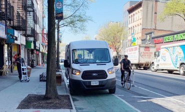 A truck delivering to The Sandwich Shop blocking the eastbound bike lane on Tuesday morning. Photo: David Meyer