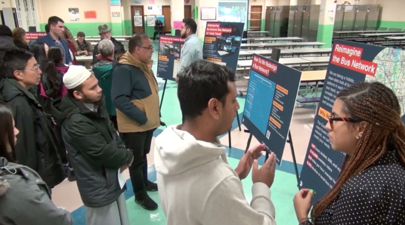 Attendees at the second of eight Queens bus network redesign workshops got information about the MTA effort, and were allowed to submit recommendations. Photo: Clarence Eckerson Jr.