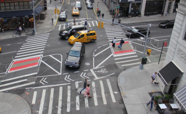 An offset crossing at Fourth Avenue and East 13th Street in Manhattan. Image: DOT