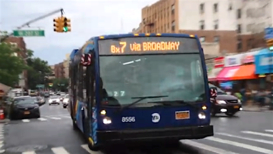 The Bx7 bus, which runs along Broadway for part of its route in the Bronx. A DOT proposal to give the Bx7 and other buses five-block, daytime bus lanes has roiled Community Board 8.