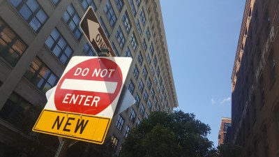 This sign now greets cyclists as they simply try to get from Downtown Brooklyn to DUMBO. Photo: Daniel Hopkins