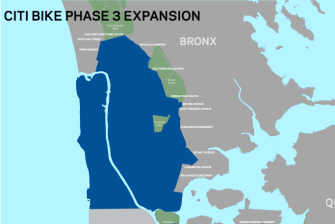 This map shows Citi Bike's projected expansion into the Bronx and Upper Manhattan next year. Image: DOT