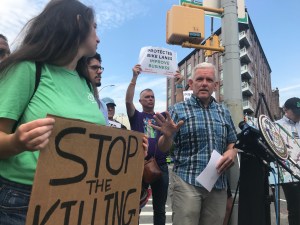 Former Queens Council Member Jimmy Van Bramer and advocates demanded in 2019 that the city install a full protected bike lane network in Long Island City. Photo: Julianne Cuba