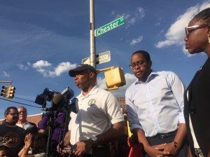 Brooklyn Borough President Eric Adams (left with State Senator Zellnor Myrie) has long called for safer streets, as he did on Monday and as he did last month at a vigil for killed cyclist Ernest Askew. Photo: Gersh Kuntzman