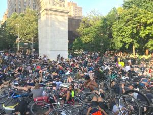 A thousand cyclists lay down with their bikes in Washington Square Park in order to protest  the traffic violence that has killed 15 cyclists so far this year.