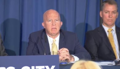 Earlier this year, NYPD Commissioner James O'Neill appeared rattled when repeatedly questioned about an officer who used deadly force with his squad car to stop a cyclist (that's his replacement, Dermot Shea, to the Commish's left). Photo: Mayor's Office