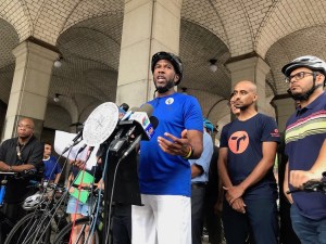 Public Advocate Jumaane Williams, declaring a bike emergency that needs some more nuanced discussion. (Photo by Dave Colon)