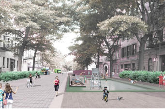 Shades of paradise: A speculative rendering shows how a local Manhattan street might look without private automobiles. Image: Perkins Eastman