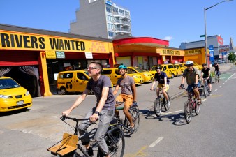 On a mission: The "Missed Connections" ride took bikers to a number of dangerous — but easily fixed — Brooklyn locations. Here, however, they are riding in the 4th Avenue protected bike lane. Photo: Vladimir Vince