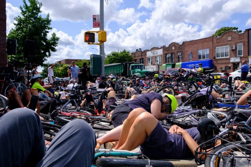 Cyclists staged a die-in at the intersection of Coney Island Avenue and Avenue L on Sunday to honor Jose Alzorriz — and demand change. Photo: Vladimir Vince