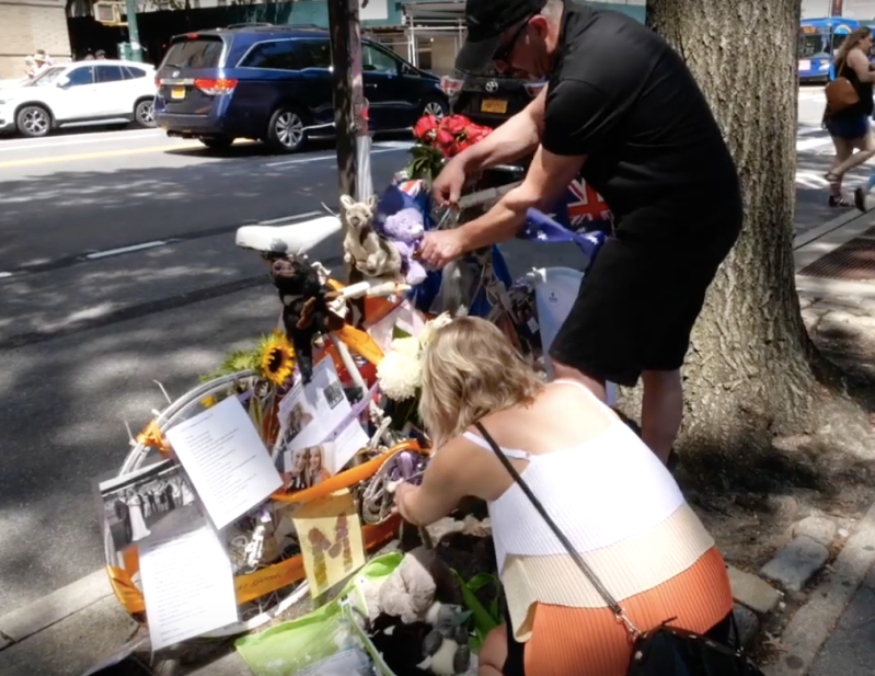 The family of Madison Lyden added some personal touches to the cyclist's ghost bike on Sunday. Photo: Melodie Bryant