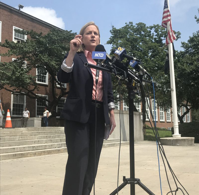 Queens Borough President and next District Attorney Melinda Katz taking questions on Wednesday. Photo: Julianne Cuba