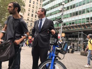 Council Member Brad Lander, who pulled into a lower Manhattan press conference on a Citi Bike despite not having a helmet (or a bike license). Photo by Dave Colon