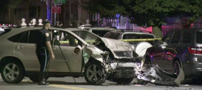 The hit-and-run driver fled on foot and left his mangled Lexus at the scene. Video: CBS2 News.