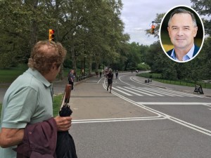 Yes, it's scary: A pedestrian peers at the Central Park intersection where a cyclist collided with a pedestrian. Former Parks Commissioner Adrian Benepe says the park is too dangerous. Photo: Eve Kessler