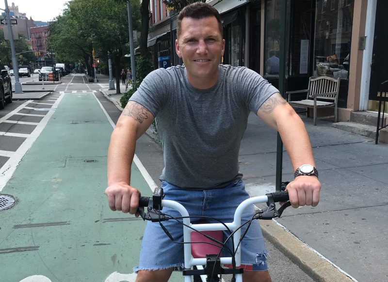 Sean Avery posed on his fold up, electric Super 73 for Streetsblog in Greenwich Village. Photo: Julianne Cuba.