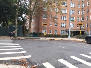 Drivers who are demanding free car storage object to these two crosswalks at Hudson Manor Terrace and 239th Street in the Bronx. Photo: Eve Kessler