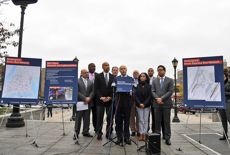 MTA New York City Transit President Andy Byford, Acting Senior Vice President of Buses Craig Cipriano, Bronx Borough President Ruben Diaz, Jr., and elected officials announce the Bronx Bus Redesign at Lou Gehrig Plaza. Photo: Marc A. Hermann / MTA New York City Transit