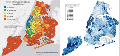 The chart on the left estimates just how "good" the bike infrastructure is in certain neighborhoods. The chart at right is a map of NYC median incomes. Photo: Ryan Morgan (left), Business Insider (right)