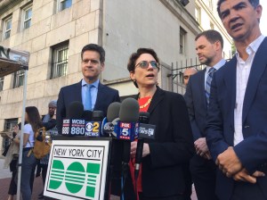 DOT Commissioner Polly Trottenberg announces the reduced speed limit on the West Side Highway flanked by supporters Council Member Ydanis Rodriguez (right) and State Senator Brad Hoylman. Photo: Gersh Kuntzman