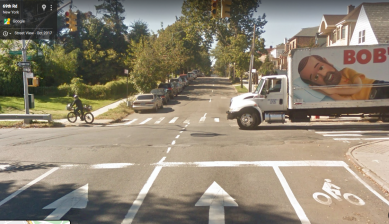 The photo shows why Jewel Avenue is so dangerous for cyclists. Here at the 69th Road leg, cyclists are expected to make their way uphill with drivers who have exited a highway as the bike lane disappears. Photo: Google Maps