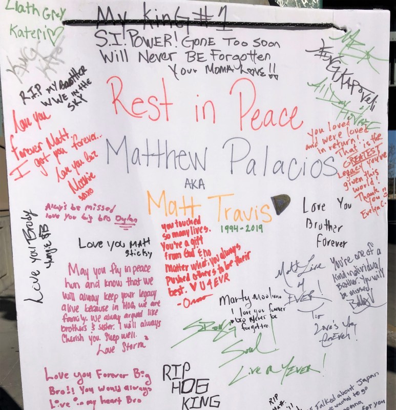 Matt Travis's friends left a memorial at the scene of his death. Photo: Charles Komanoff