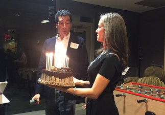 Streetsblog Publisher Mark Gorton celebrated his birthday at the Streetsblog family fundraiser on Thursday night. Streetopia UWS organizer Lisa Orman did the honors.