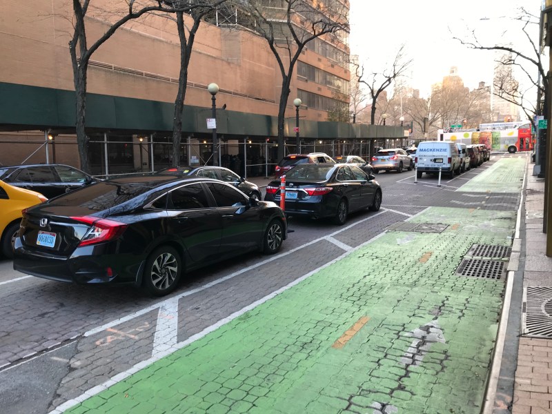 The two-way bike lane on 37th Street. The DOT is advertising for bike-mounted bike-lane apprentice inspectors. Photo: Streetsblog
