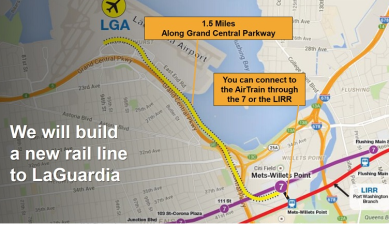 The proposed route of the LGA AirTrain runs along the Grand Central Parkway and Flushing Bay to Willets Point. Image: Governor's Office
