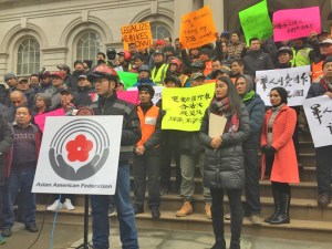 E-bike delivery workers rallying against NYPD enforcement in December 2017. Photo: David Meyer