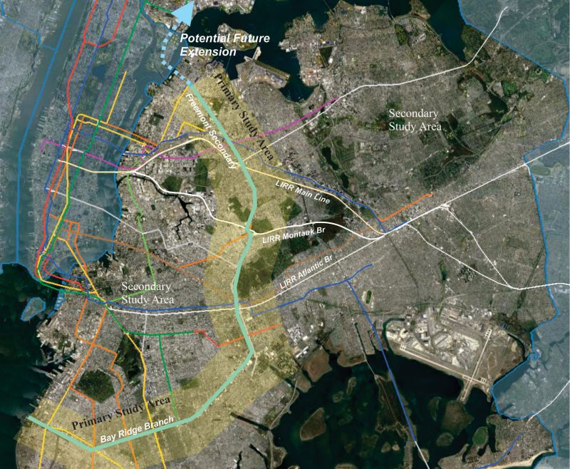 A map shows the proposed route of the Triboro, an above-ground rail line that would link the Bronx, Brooklyn and Queens. Photo: MTA