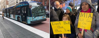 The Queens bus network redesign may include priority routes like the 14th Street busway (left), but residents of Jackson Heights aren't happy (right).