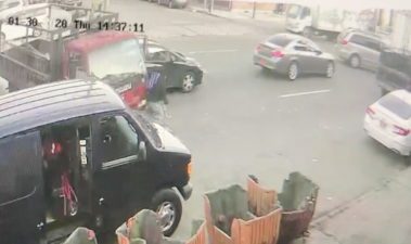 This is the moment of impact on Thursday in Williamsburg as a box truck driver slams into a cyclist.