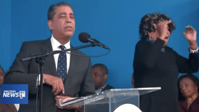 Rep. Adriano Espaillat at the moment in his speech on Monday when he turned a larger fight against gentrification into a battle against bike lanes. Photo: NY1