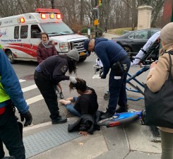 This was the scene on Third Street at Prospect Park West at around 4:15 p.m. on Monday — an injured cyclist who is long gone by the time cops show up. Photo: Gersh Kuntzman