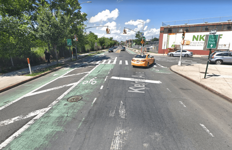 The plan would fix this disaster — where Kent Avenue becomes Franklin Street in Brooklyn, and cyclists lose their protection. Photo: Google