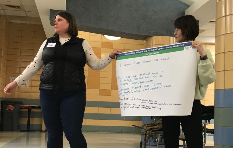 Activists offered comments at the DOT workshop on the proposed protected bike lanes Tuesday. Photo: Dave Colon