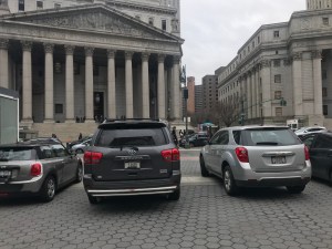 Press parked illegally in Foley Square. Photo: Julianne Cuba