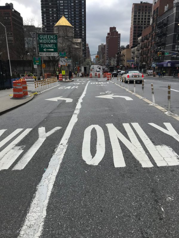 The cones designating what was supposed to be a temporary bike lane near the Second Avenue gap have been moved. Photo: Julianne Cuba